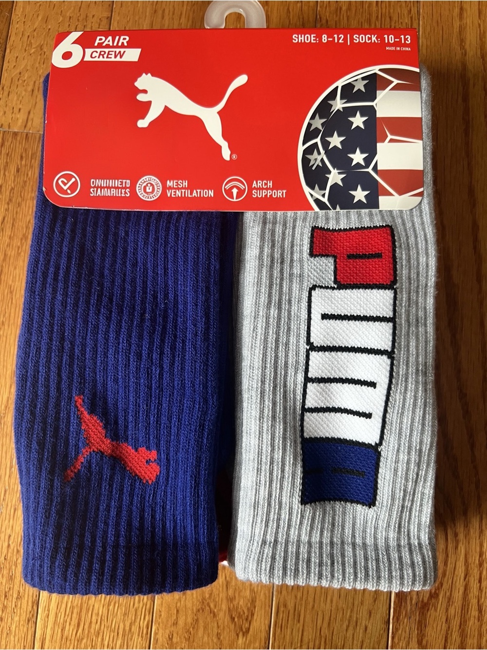 Puma FIFA World Cup Men’s Crew Socks in Blue, Gray & Red (6 Pair)